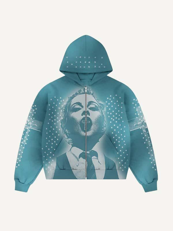 Figure&Cross Faux Rhinestones Print Zip Up Hooded Coat