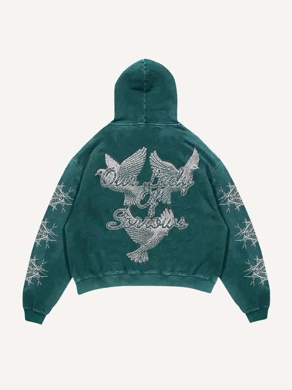 Jesus&Pigeon&Letter Faux Rhinestones Print Slant Pockets Hoodie