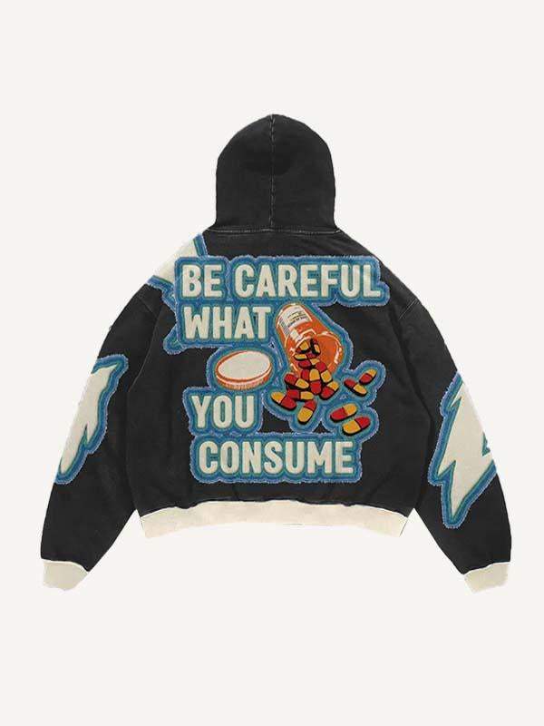 Medicine Bottle&Letter Faux Decal Print Slant Pockets Hoodie