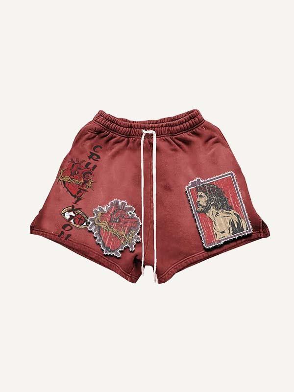 Figure&Letter&Heart Faux Decal Print Drawstring Waist Shorts
