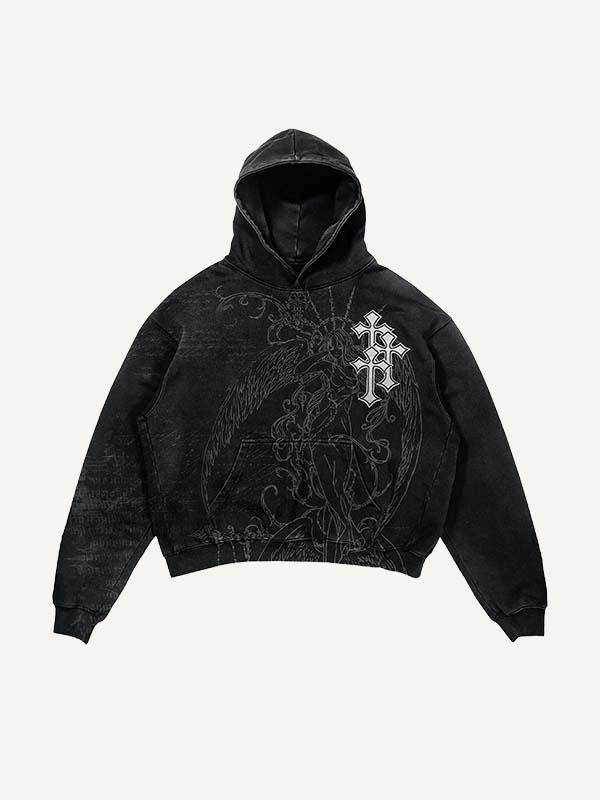 Angel&Cross Graphic Print Slant Pockets Hoodie