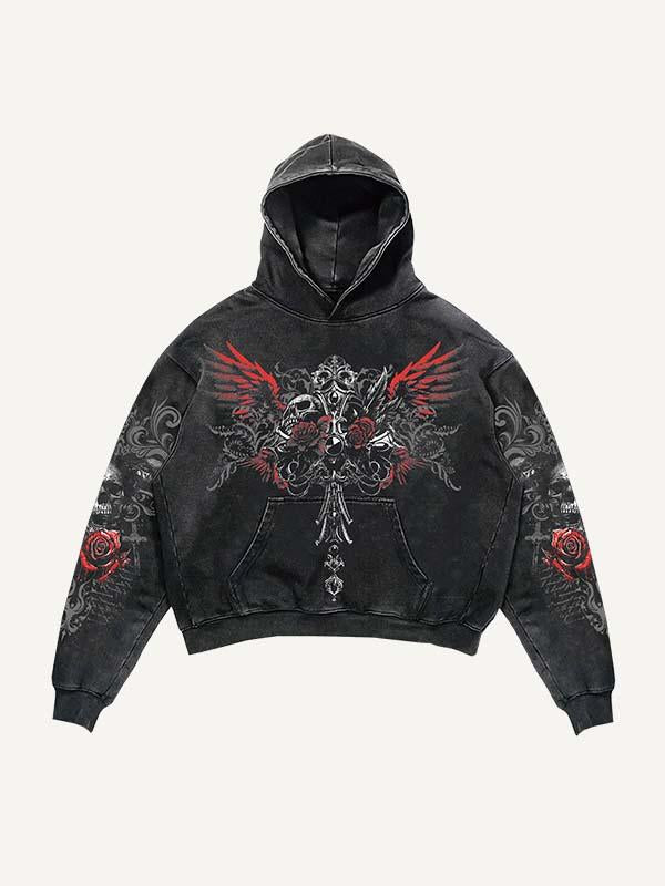 Cross&Wing&Skull Print Slant Pockets Hoodie