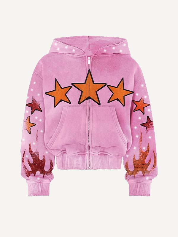 Fire&Star&Letter Print Zip Up Hooded Coat