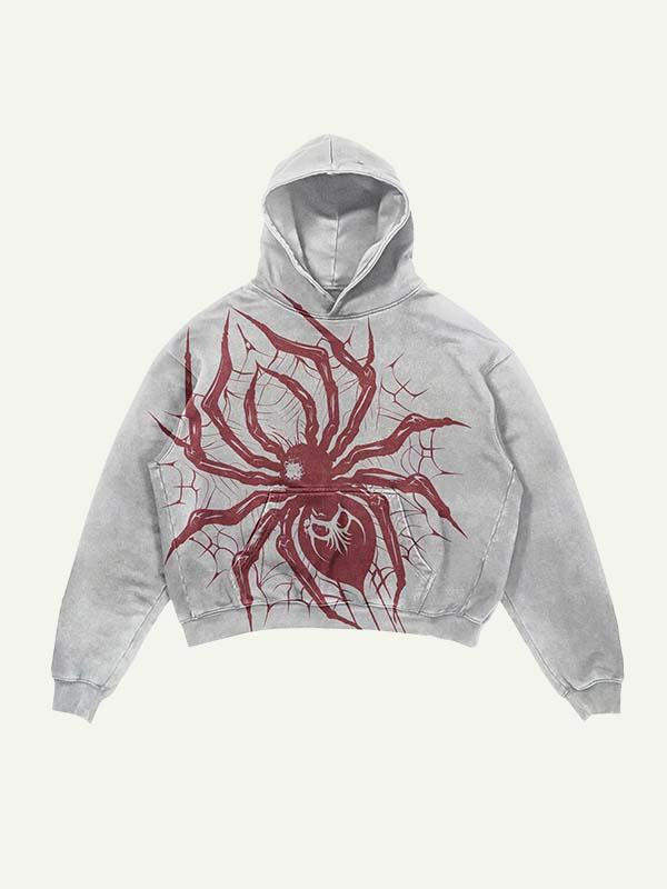 Spider Print Slant Pockets Hoodie