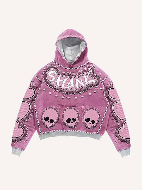 Skull&Heart&Letter Faux Rhinestones Print Faux Decal Print Slant Pockets Hoodie