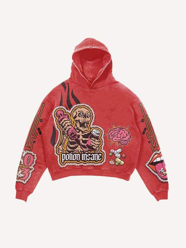 Skeleton Injection Medicine&Letter Faux Decal Print Slant Pockets Hoodie